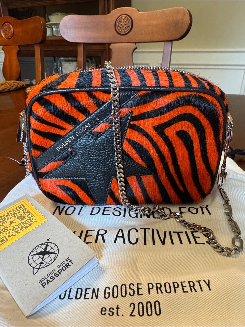 Golden Goose Orange and Black Tiger Mini Star Bag in animal print pony hair